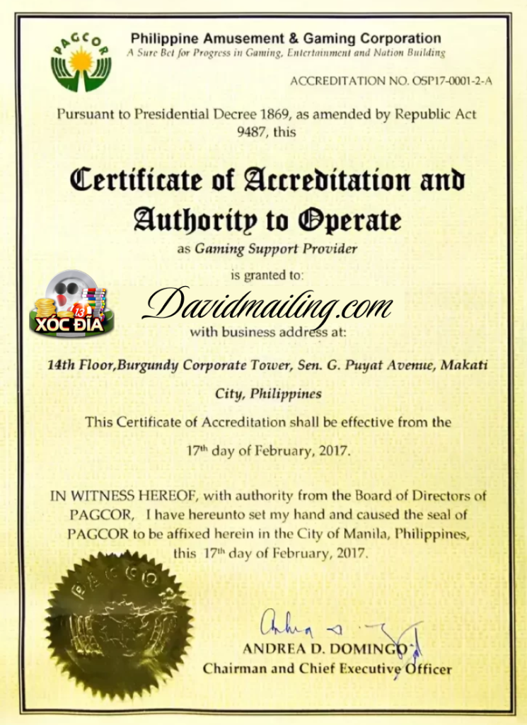 Davidmailing có giấy phép hoạt động do tổ chức PAGCOR cấp